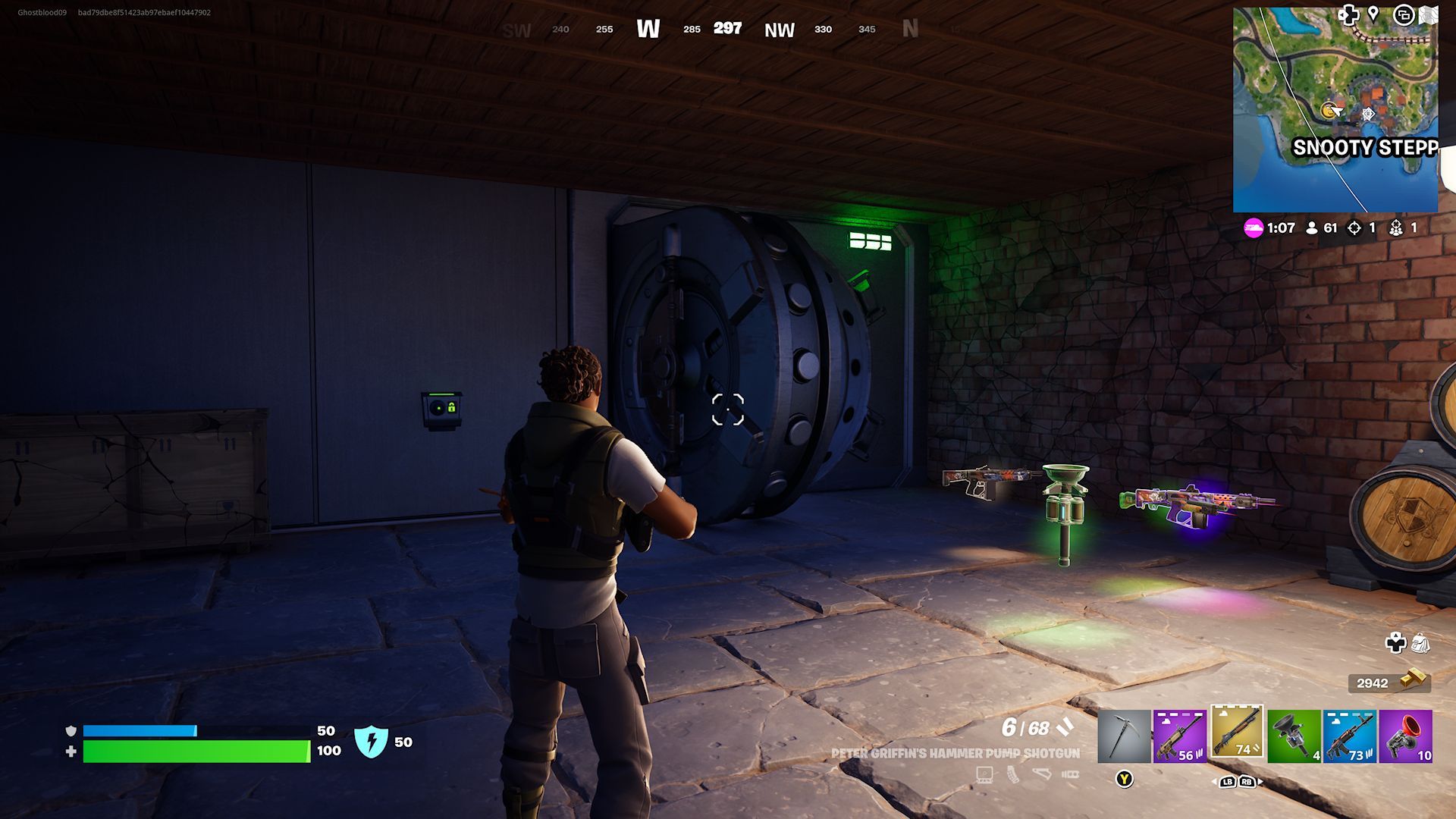 A player standing close to an open vault in the mansion basement at Snooty Steppes in Fortnite.