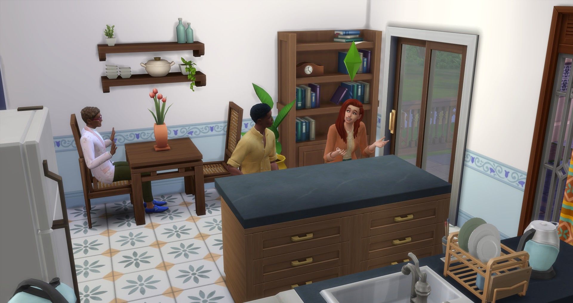 three sims chatting in an apartment kitchen the sims 4 for rent