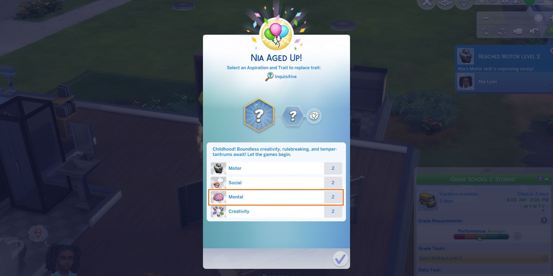 The Trait Selection screen that shows up after a toddler ages into a child in The Sims 4. There is a rectangle enclosing the Mental skill.