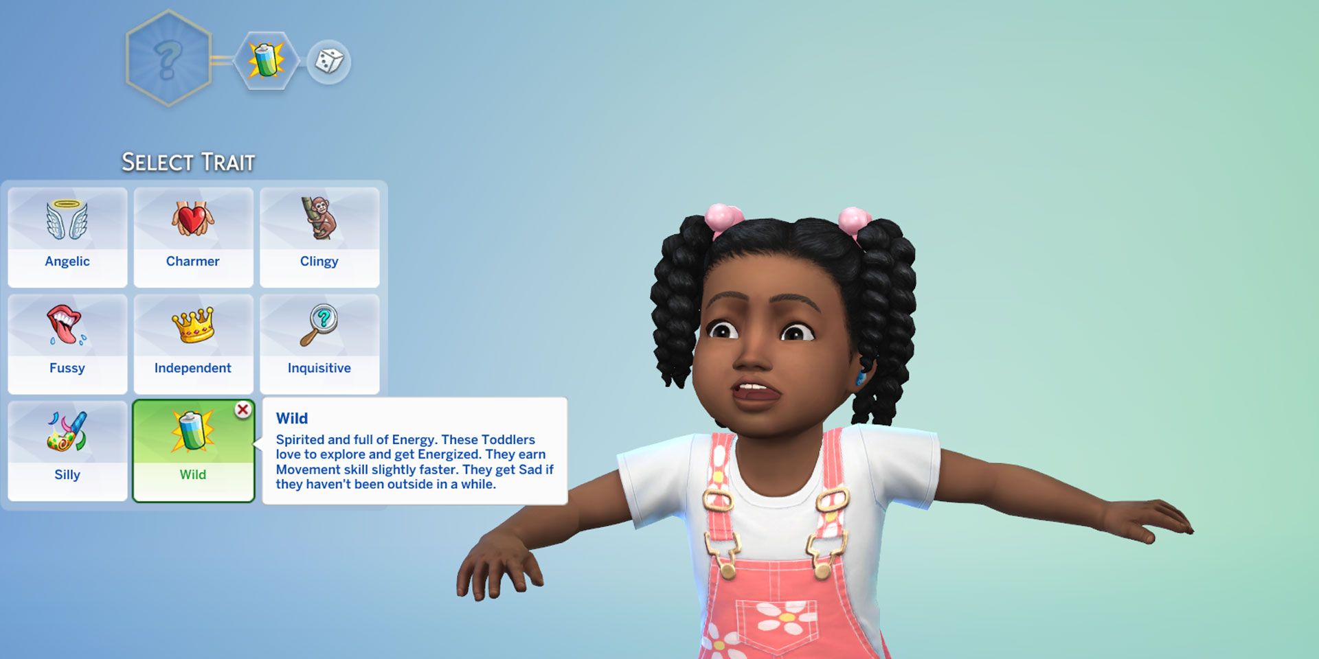 A toddler in The Sims 4 with the Wild trait selected in Create-A-Sim.