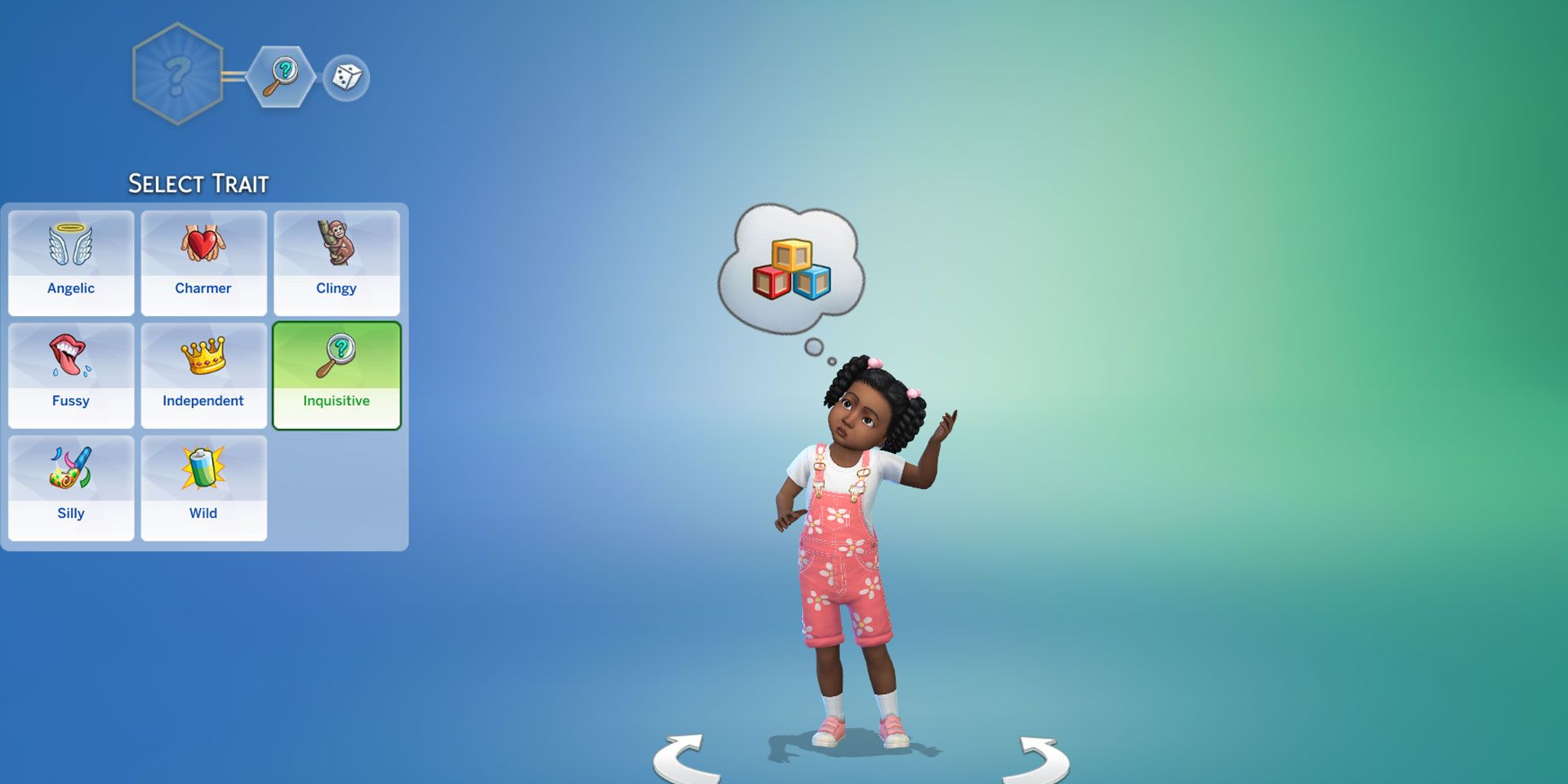 The Toddler Trait selection screen in Create-A-Sim in The Sims 4.