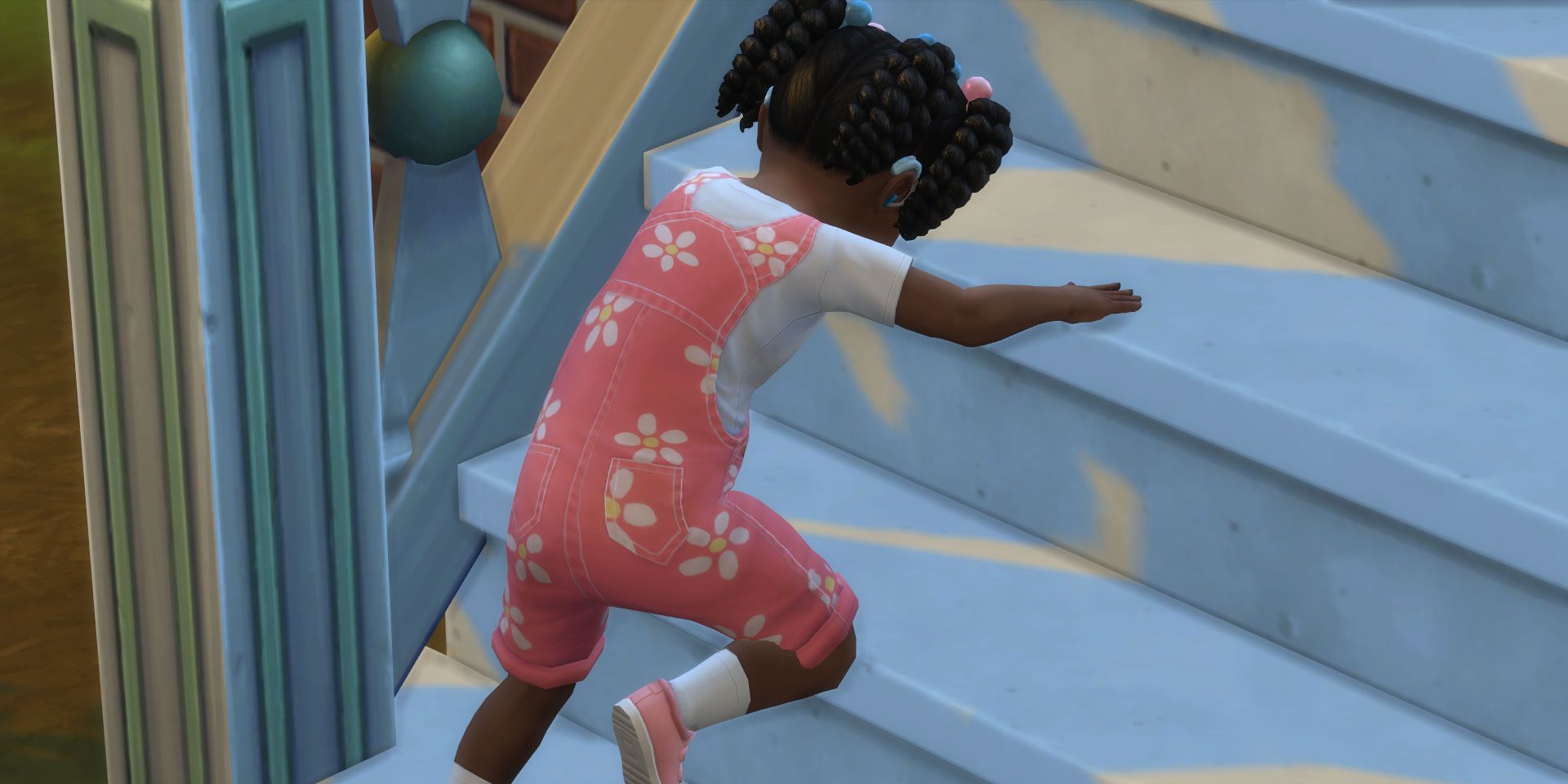 A toddler climbing down a set of small stairs in The Sims 4.