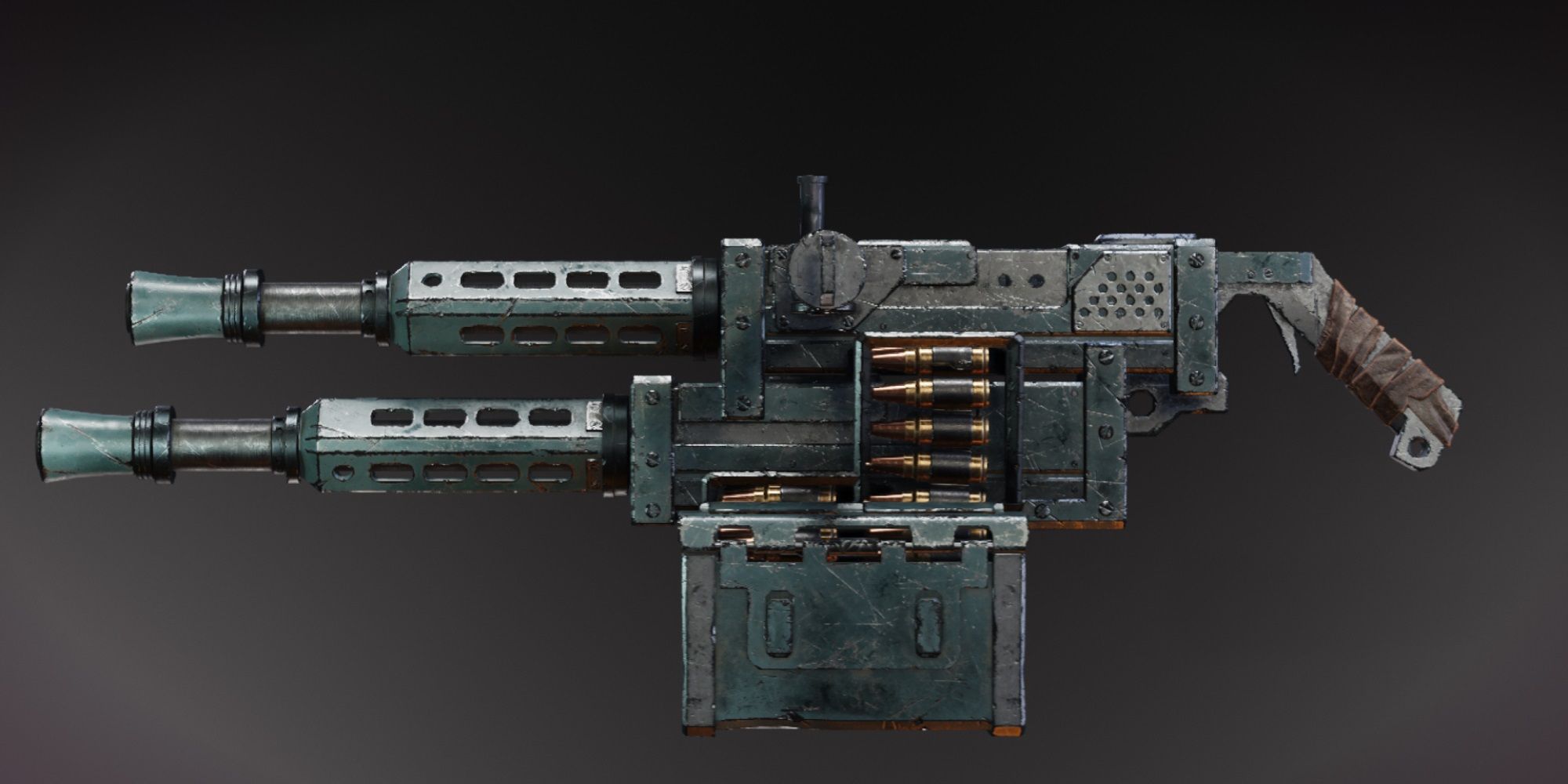 large machinegun with two barrels and large box magazine