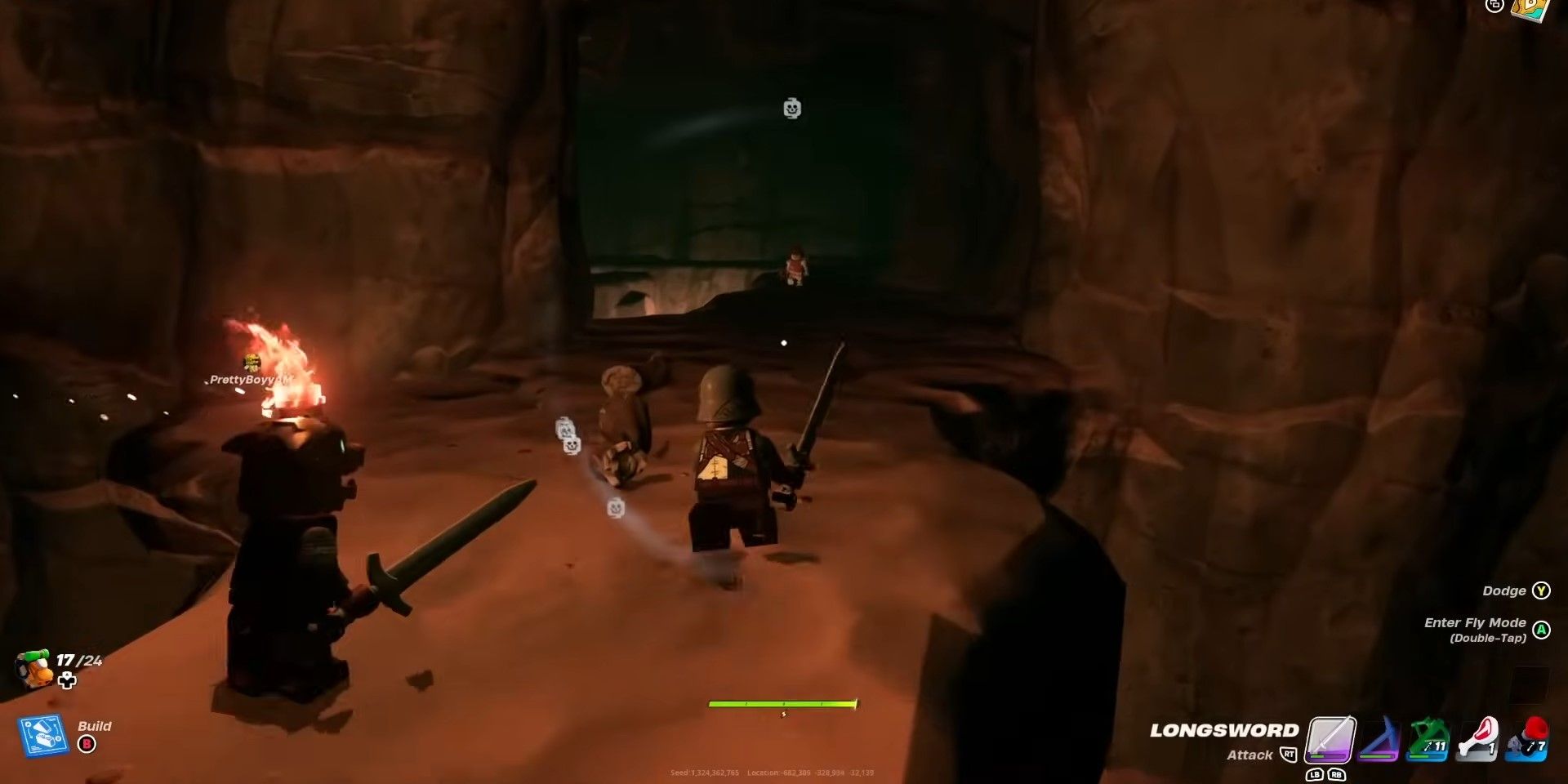 Two players exploring the Caves in Lego Fortnite