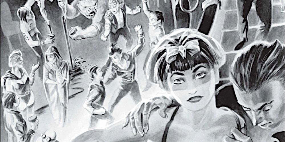 A black adn white pencil drawing of several vampires gathered inside of a building, congregating around a spiral staircase