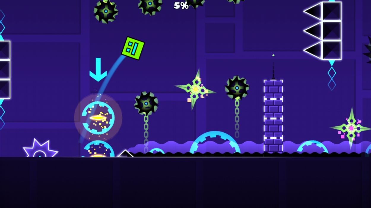 Jumping in a level in  Geometry Dash.