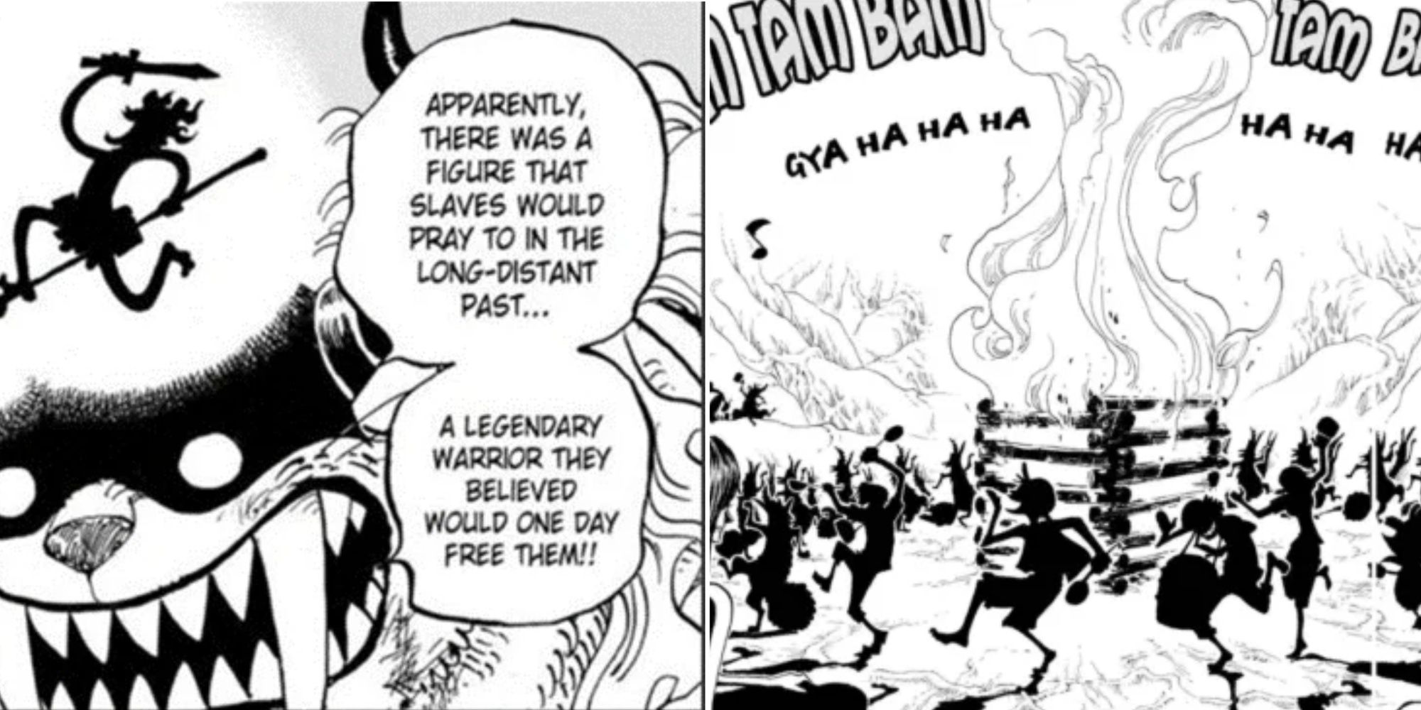 Who's who recounting the rumors he heard regarding Sun God Nika, and Luffy dancing with the Shandeans in front of a campfire