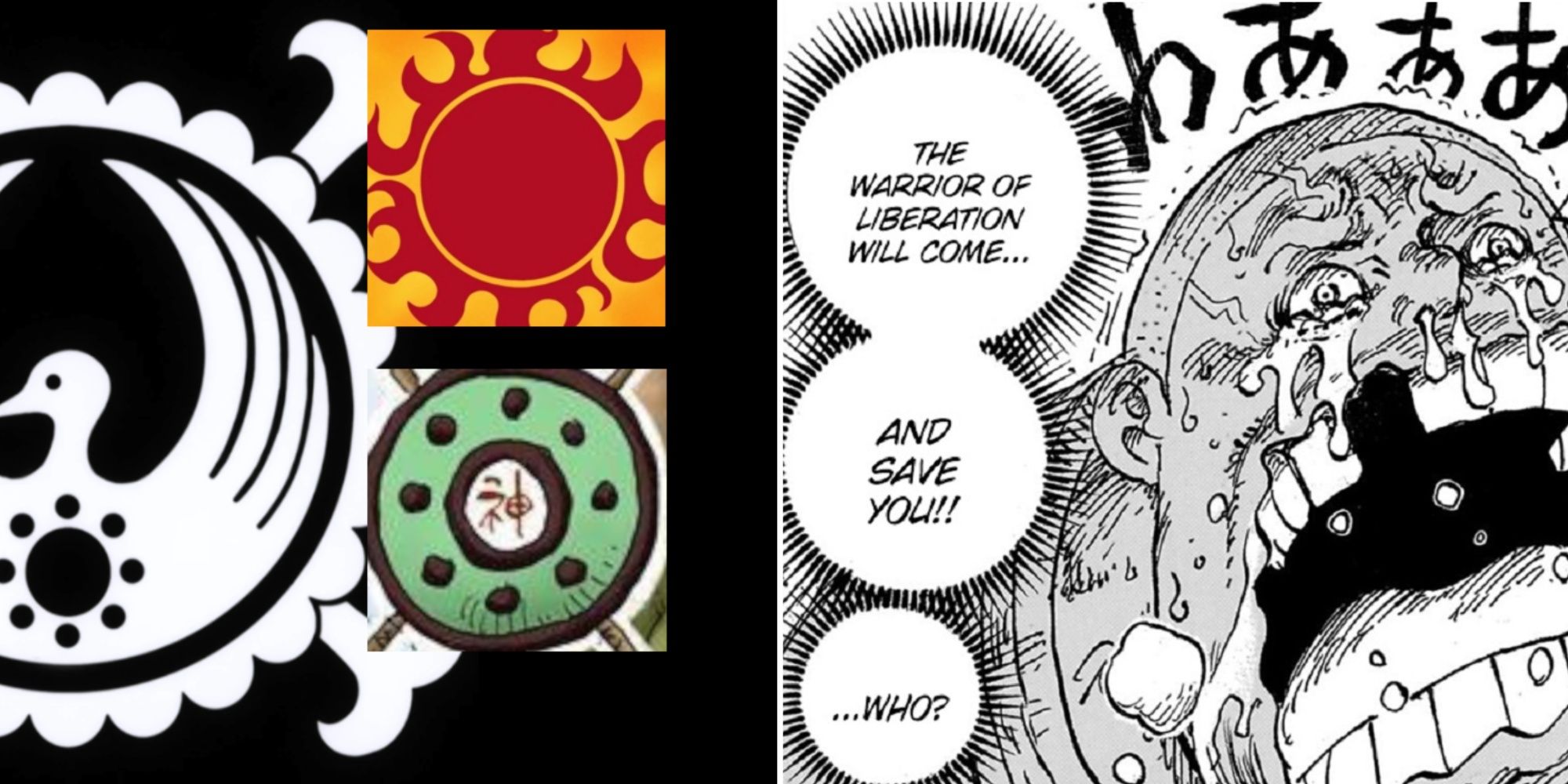 Young slave Kuma being told by his parents to wait for Nika, and flags of different kingdoms with symbols for the sun