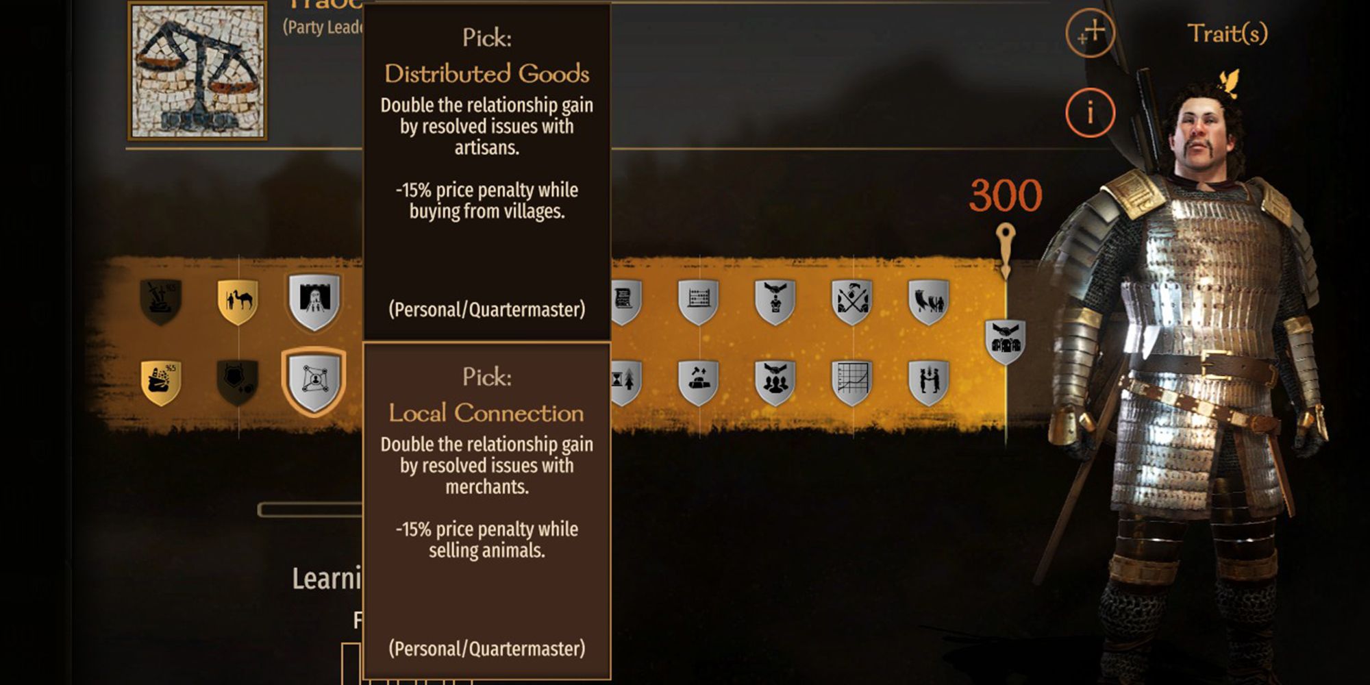 Double the relationship gain by resolved issues with merchants. -15% price penalty while selling animals.