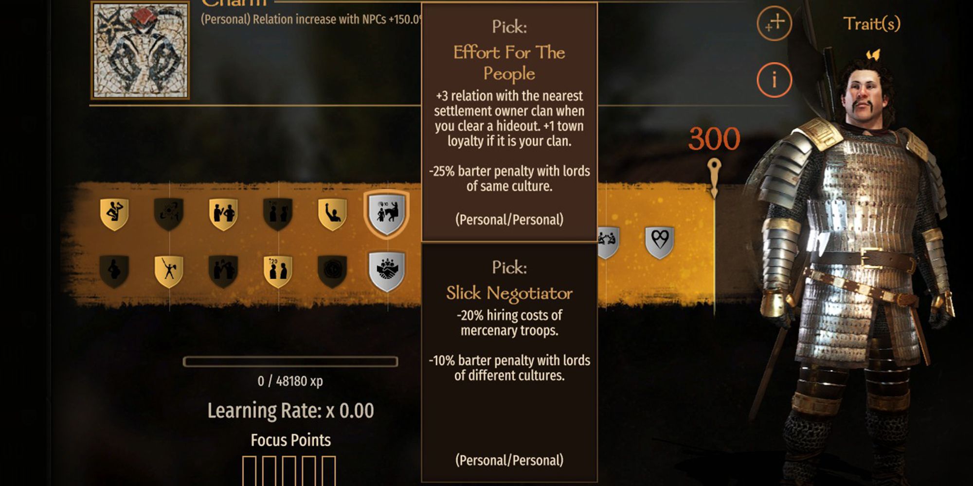 +3 relation with the nearest settlement owner clan when you clear a hideout. +1 town loyalty if it is your clan. -25% barter penalty with lords of the same culture.