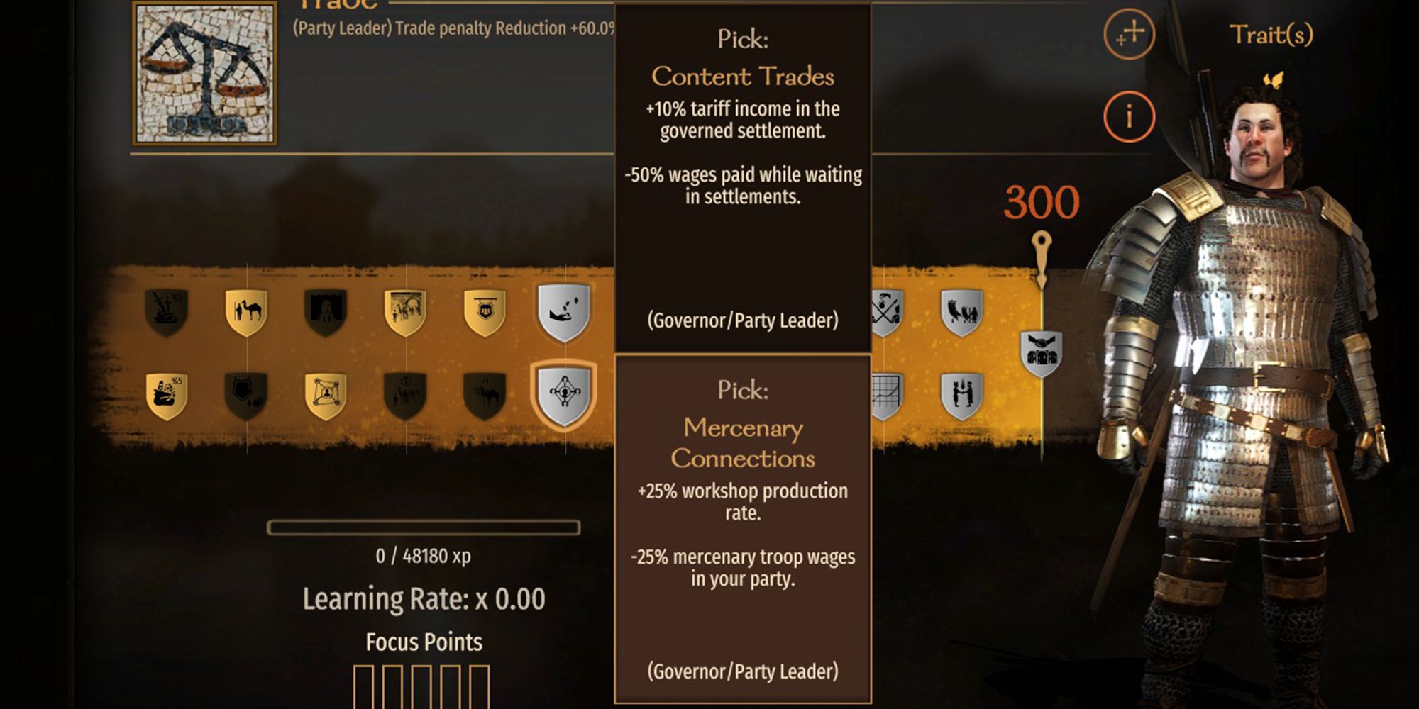+25% workshop production rate. -25% mercenary troop wages in your party.