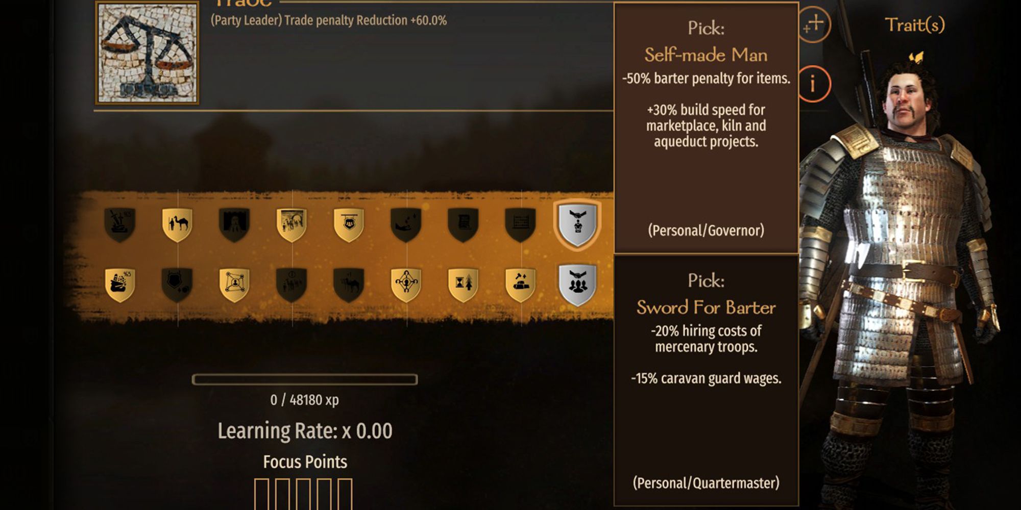 +50% barter penalty for items. +30% build speed for marketplace, kiln, and aqueduct projects.