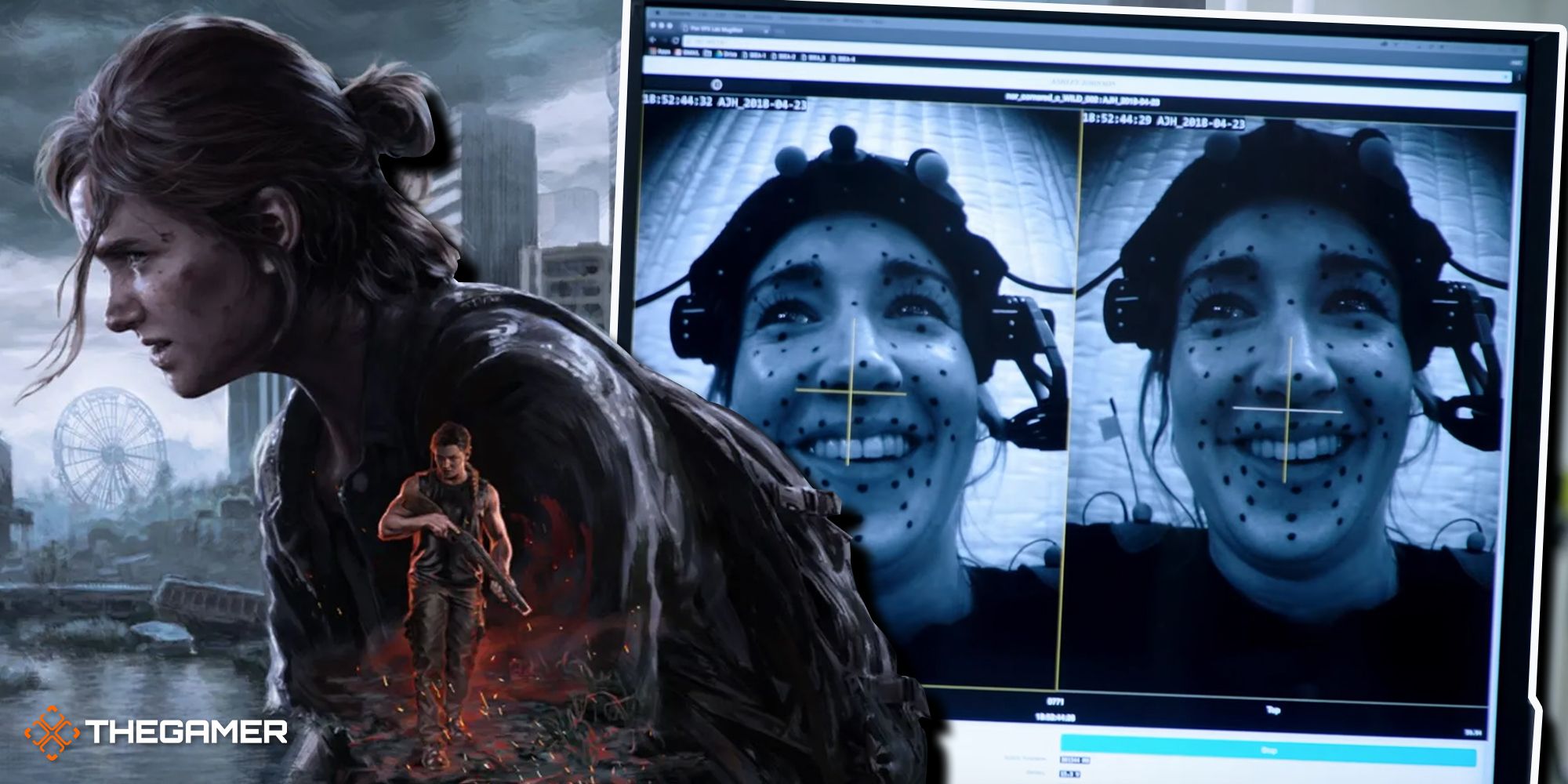 The Last Of Us 2's poster on the left, with screenshot of an actress doing motion capture in the documentary on the right