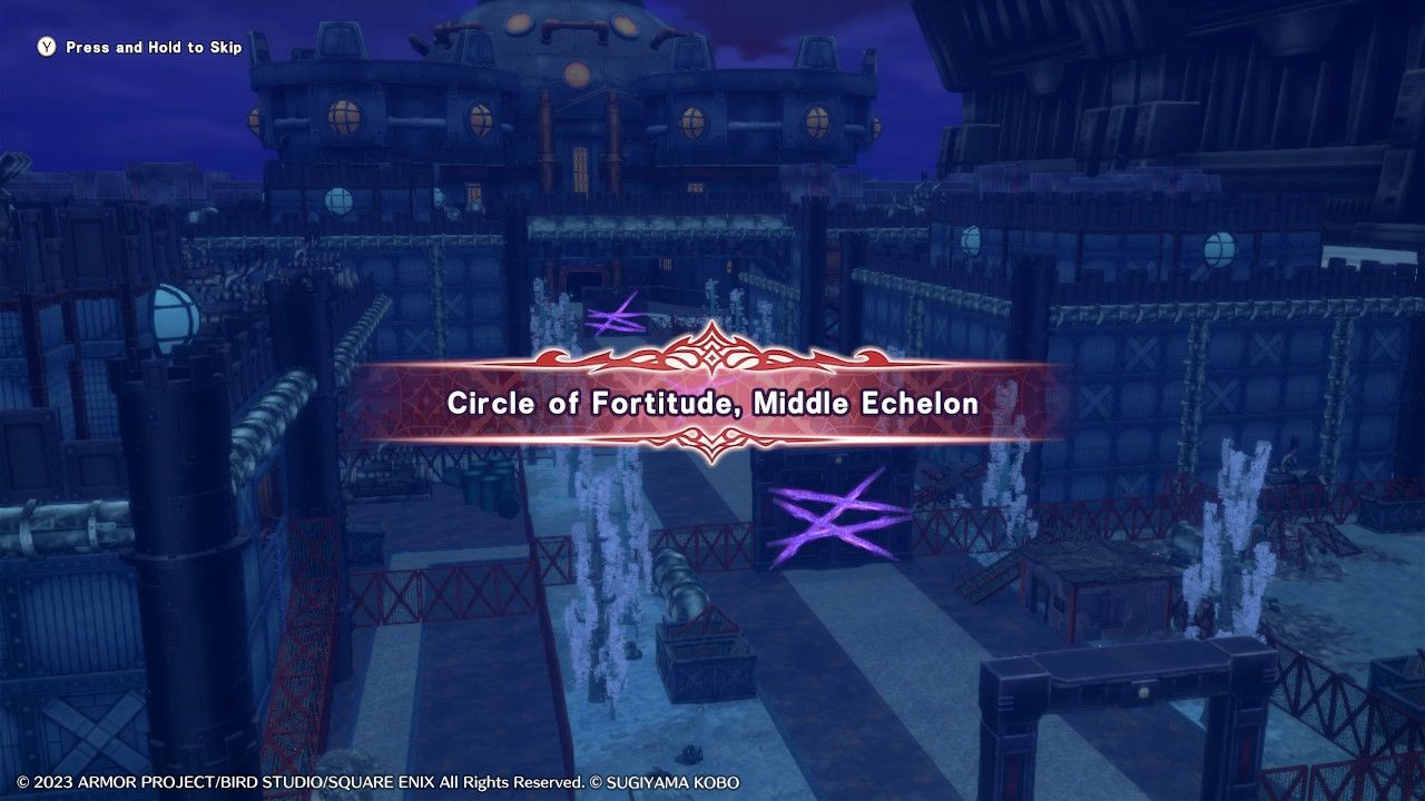 Arriving in the Circle of Fortitude's Middle Echelon and getting a red and pink title card for its name and view of the area in  Dragon Quest Monsters: The Dark Prince.