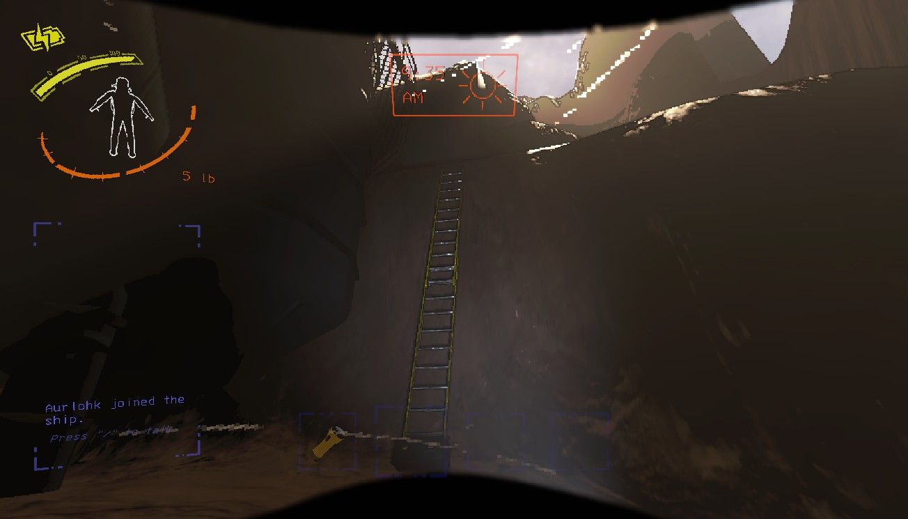 Player character shining a proflashlight on an Extension Ladder fully extended up to the ridge with the Fire Exit in Lethal Company.