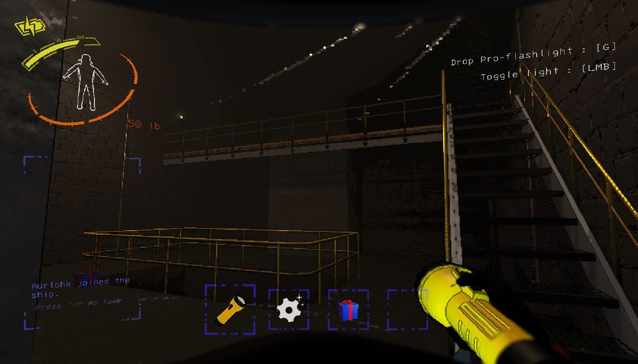 Player character standing in a large room with a staircase and a balcony overlooking it in Lethal Company.