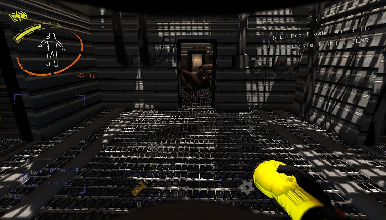 Player character standing near the Exit of a complex as a Thumper approaches from a doorway in front of them in Lethal Company.