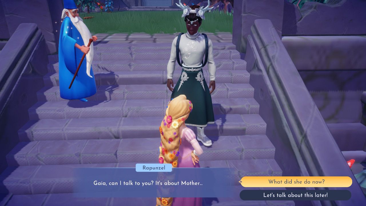 Player character speaking to Rapunzel who wants to ask him about Mother Gothel in Disney Dreamlight Valley.