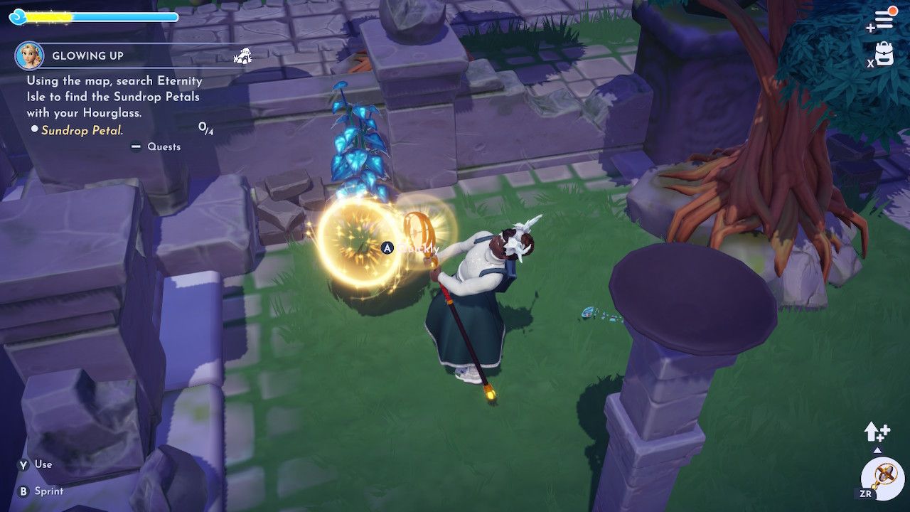 Player character pulling a Sundrop Petal out of a time portal with his Royal Hourglass in the Overlook in Disney Dreamlight Valley.