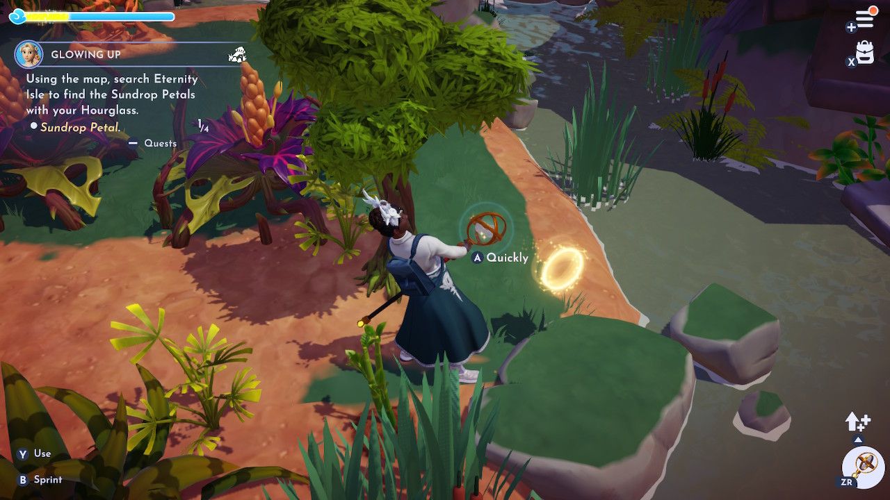 Player character pulling a Sundrop Petal out of a time portal with his Royal Hourglass in the Grasslands in Disney Dreamlight Valley.