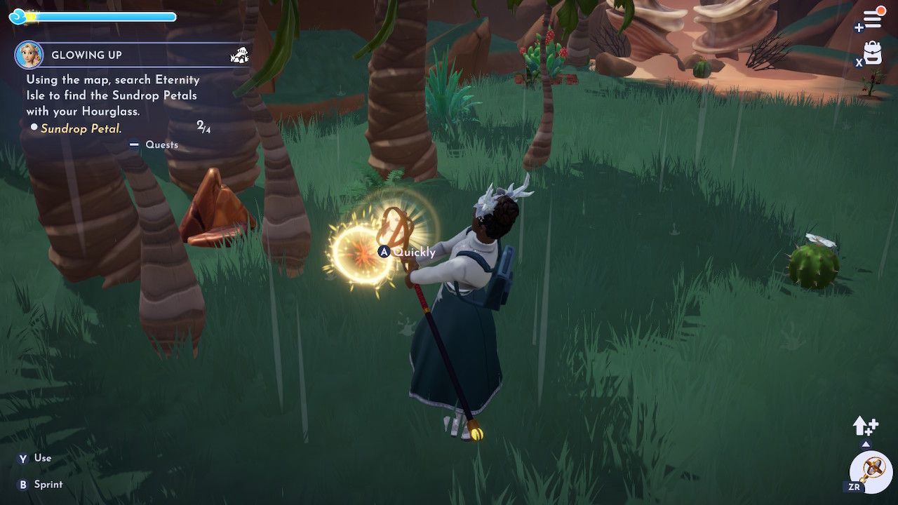 Player character pulling a Sundrop Petal out of a time portal with his Royal Hourglass in the Oasis in Disney Dreamlight Valley.