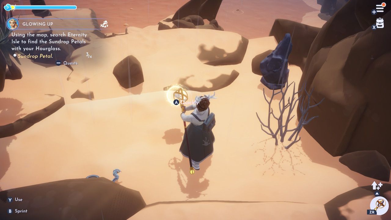Player character pulling a Sundrop Petal out of a time portal with his Royal Hourglass in the Wastelands in Disney Dreamlight Valley.