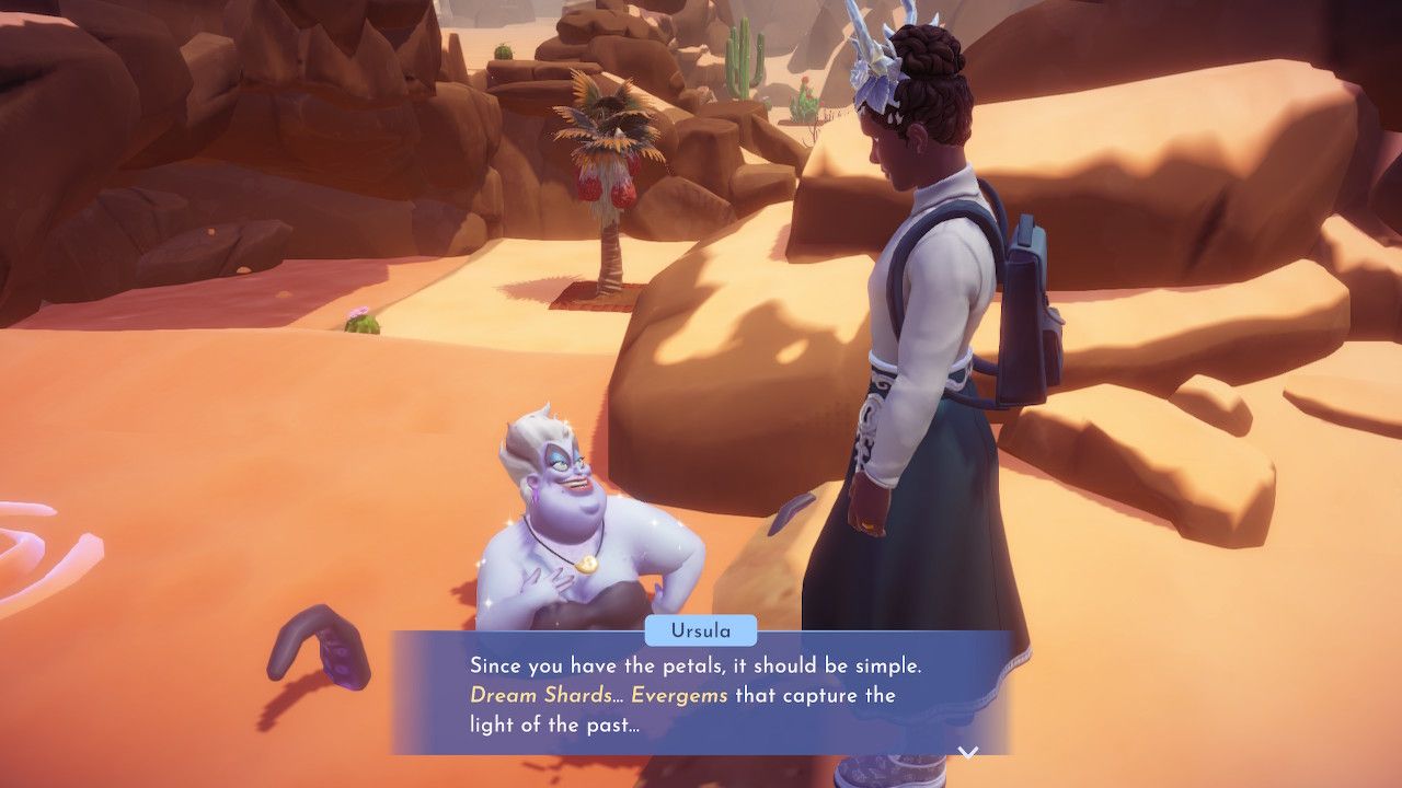 Player character speaking to Ursula in the Glittering Dunes and getting a list of ingredients for the Eternal Sundrop Charm in Disney Dreamlight Valley.