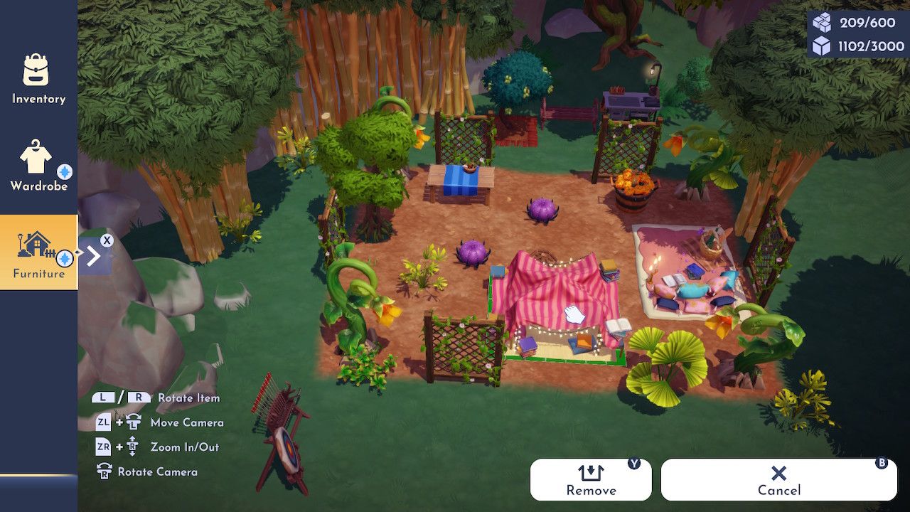 Player character in the furniture mode and decorating a campsite at Rapunzel's request in Disney Dreamlight Valley.
