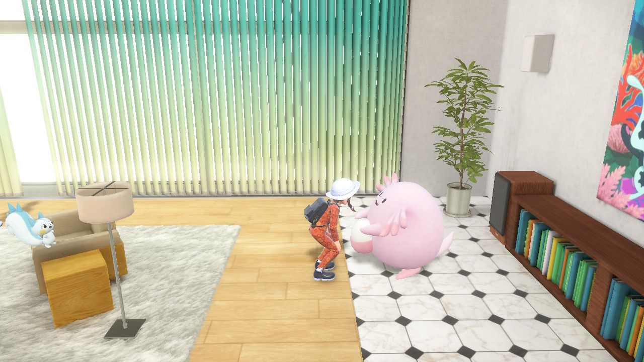The player character leaning over to converse with a Chansey while wearing Pokemon Scarlet & Violet's Indigo Disk clothing.