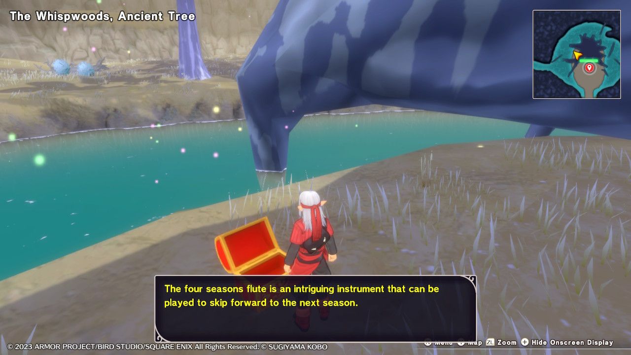 Psaro opening a treasure chest in the Whispwood and getting a summary of the Four Seasons Flute after receiving it Dragon Quest Monsters: The Dark Prince.