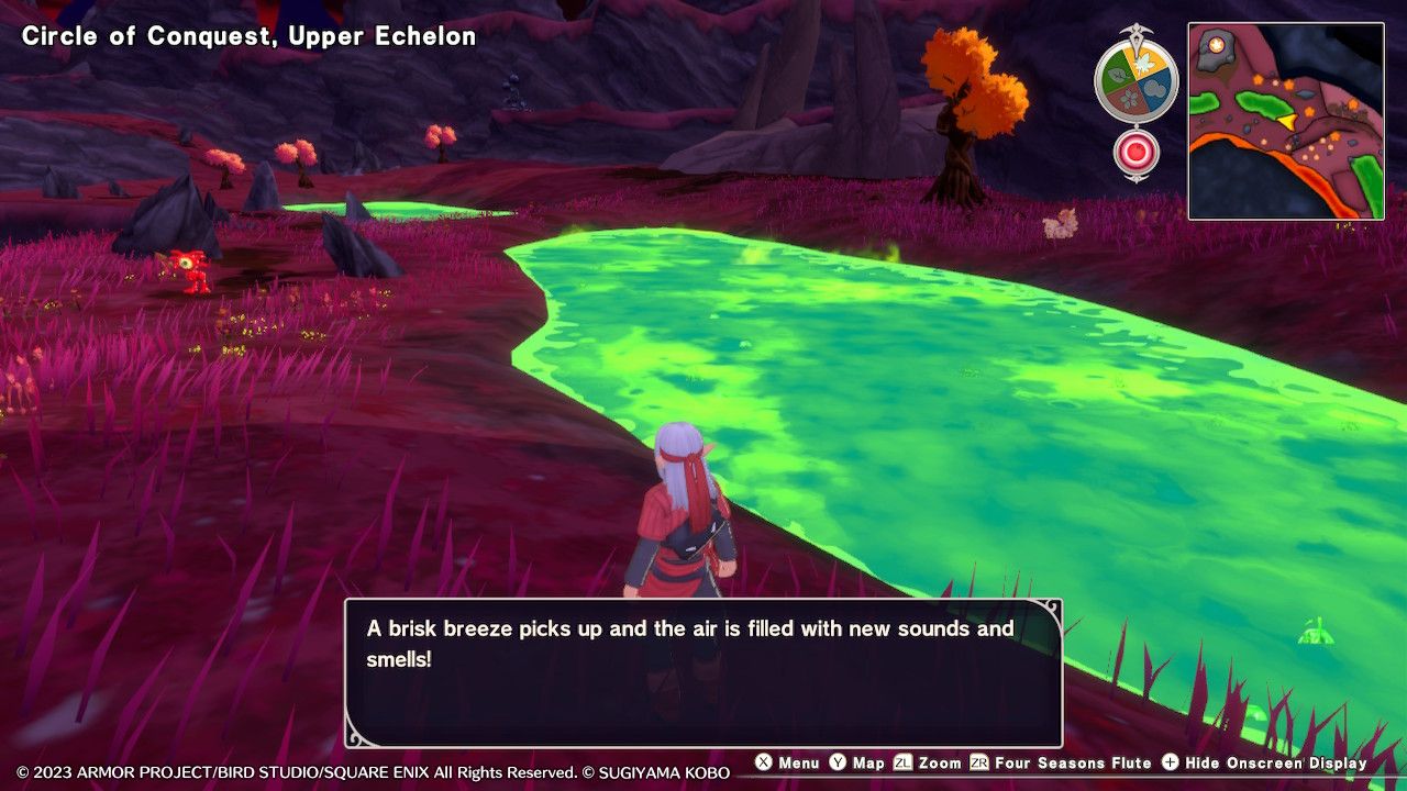 Psaro using a seasoning in the Circle of Conquest Upper Echelon and a text box says sounds and smells are changing in Dragon Quest Monsters: The Dark Prince.