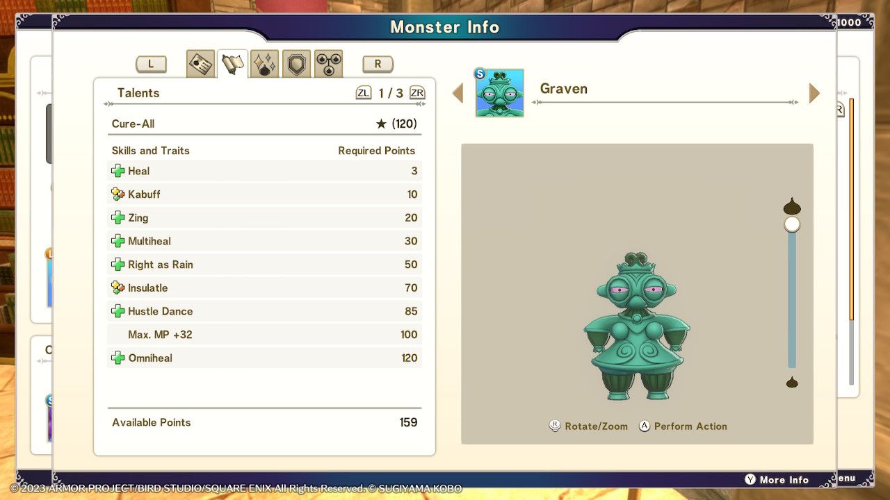 A Graven Idol monster with the Cure-All talent being examined in the Monster Info screen in Dragon Quest Monsters: The Dark Prince.