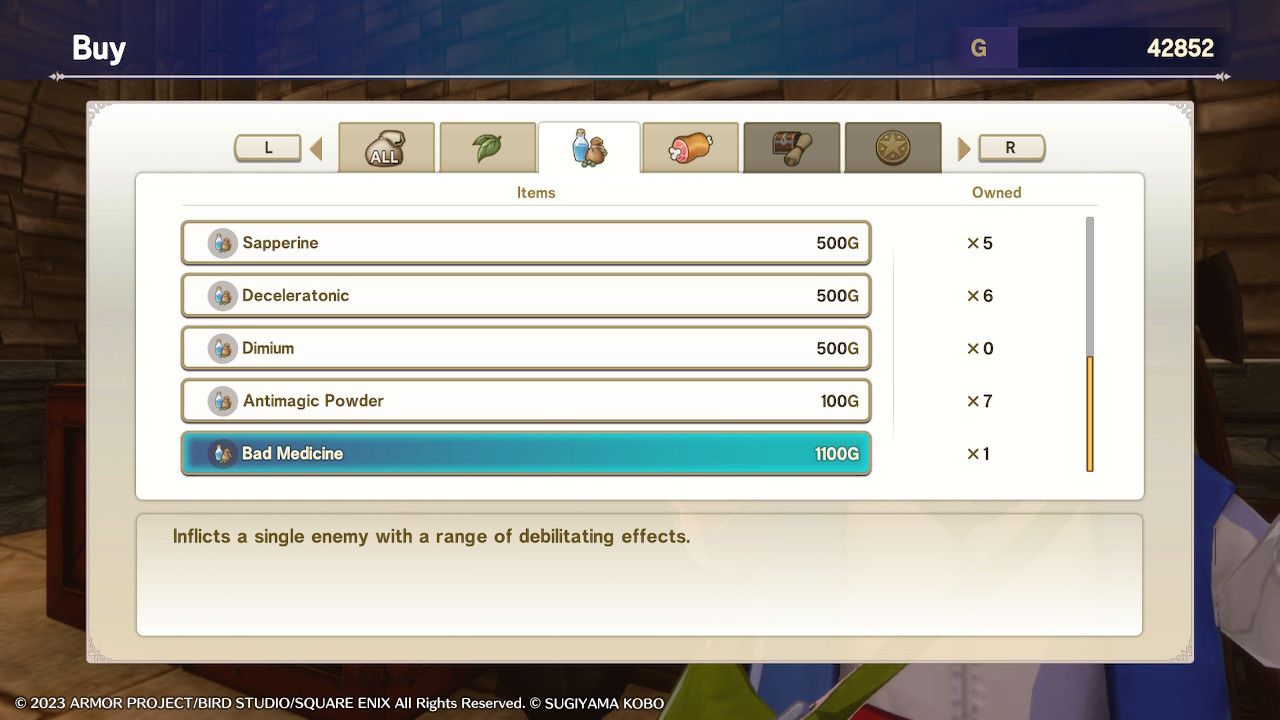 Buying a variety of debuff items such as Bad Medicine and Dimium from the shop in Rosehill Tower in Dragon Quest Monsters: The Dark Prince.