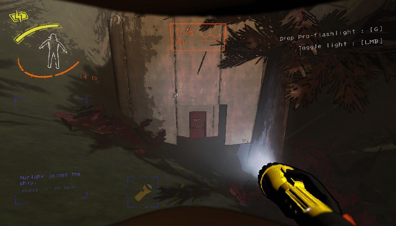 Player character approaching a Fire Exit on March with their pro-flashlight on and out during the evening in Lethal Company.
