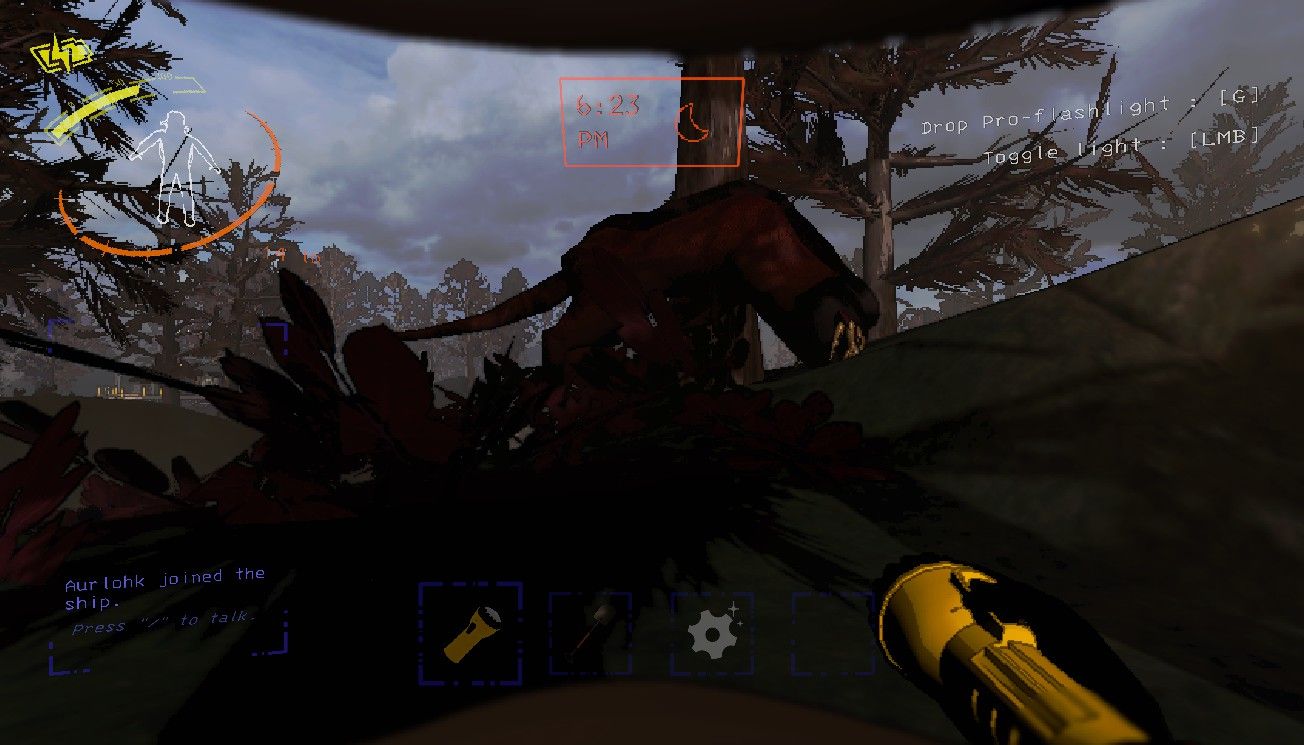 Player character crouching down near an Eyeless Dog walking along a hill during the evening on March in Lethal Company.