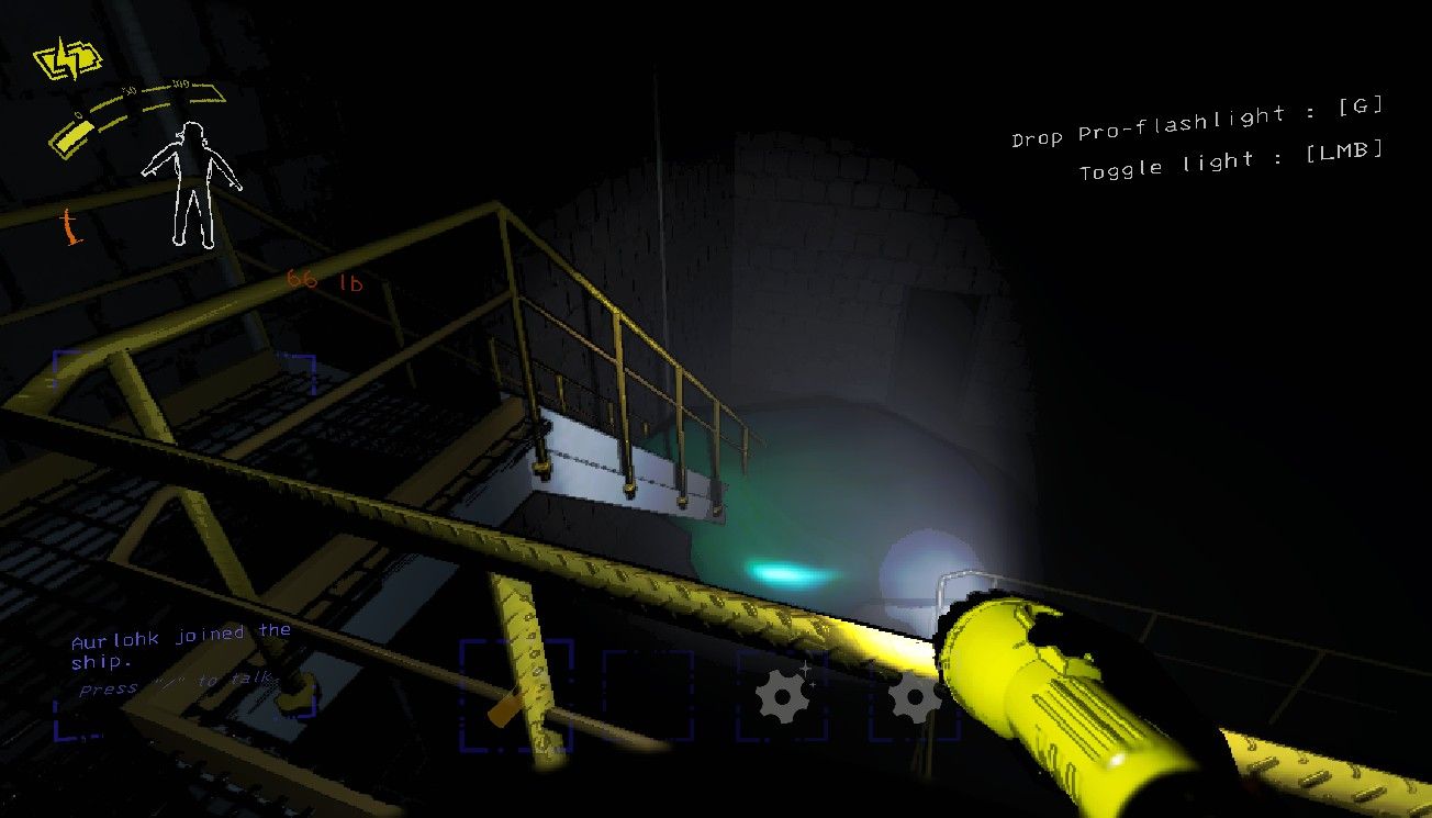 Player character shining a pro-flashlight on a Hygrodere going up a set of stairs in a large room in Lethal Company.