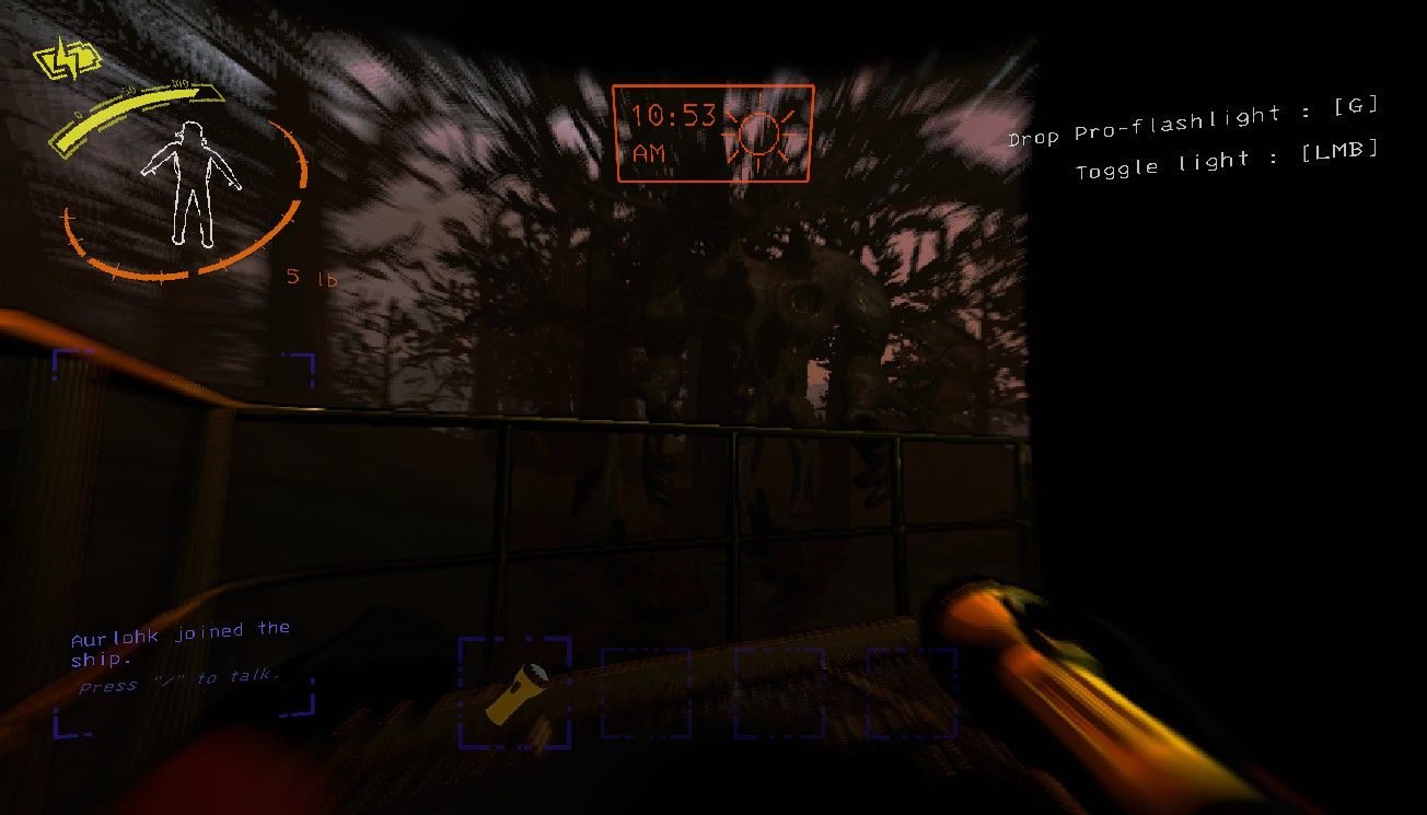 Player character crouching down on their ship while an angry Forest Keeper is approaching during an Eclipse on March in Lethal Company.