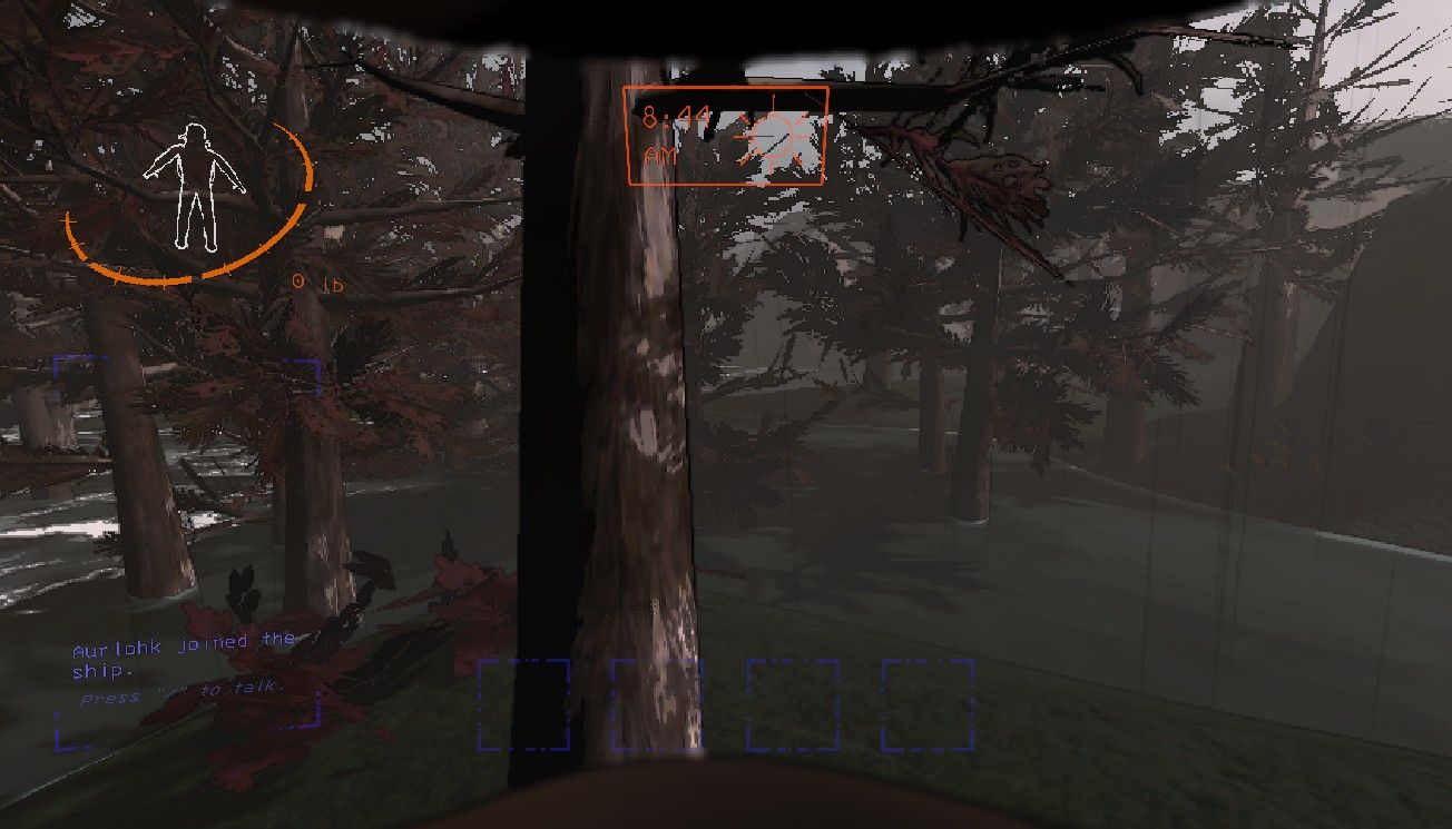 Player character standing on a hill on March while it's flooding and the water is rising up above the trees in the morning in Lethal Company.