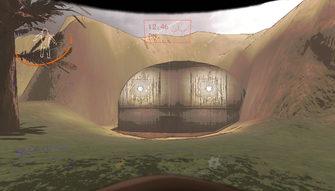 View of March's main complex, a large building with a rounded roof sticking out of the side of some mountains in Lethal Company.