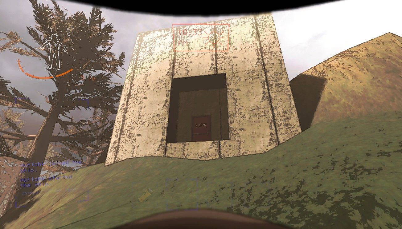 Player character looking at a small concrete building with a Fire Exit door in it on March during the day in Lethal Company.