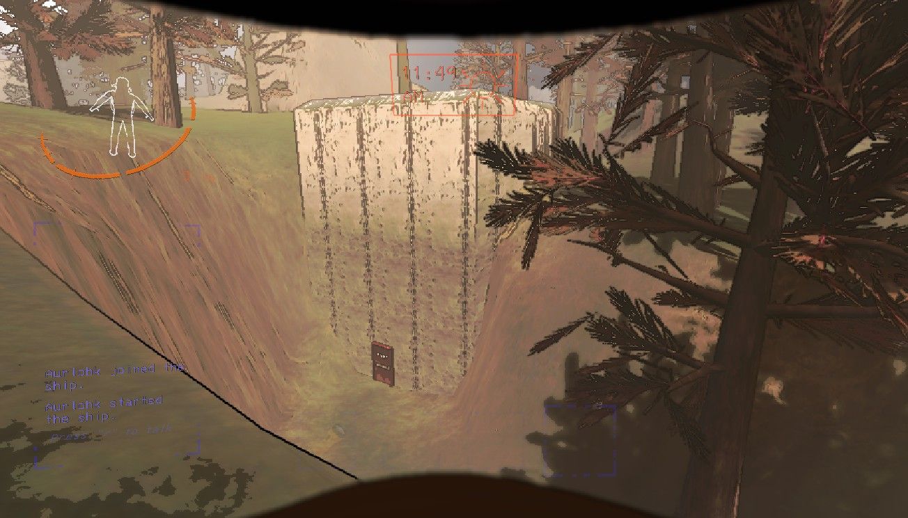 Player character staring down into a ditch with a tall concrete building with a Fire Exit in it during the day on March in Lethal Company.