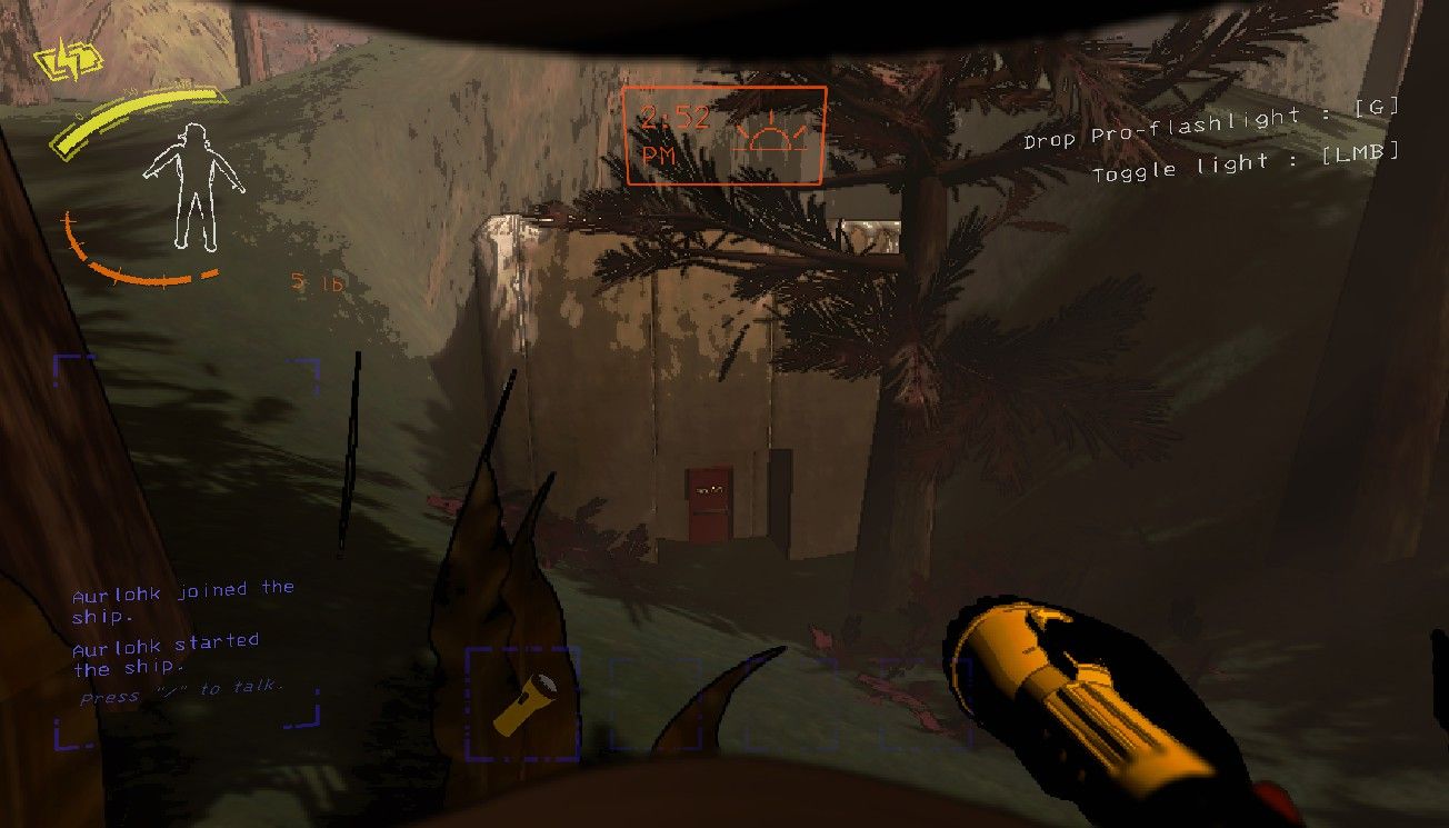 Player character standing with their pro-flashlight out and looking at a small concrete building in a ditch near some trees on March in Lethal Company.