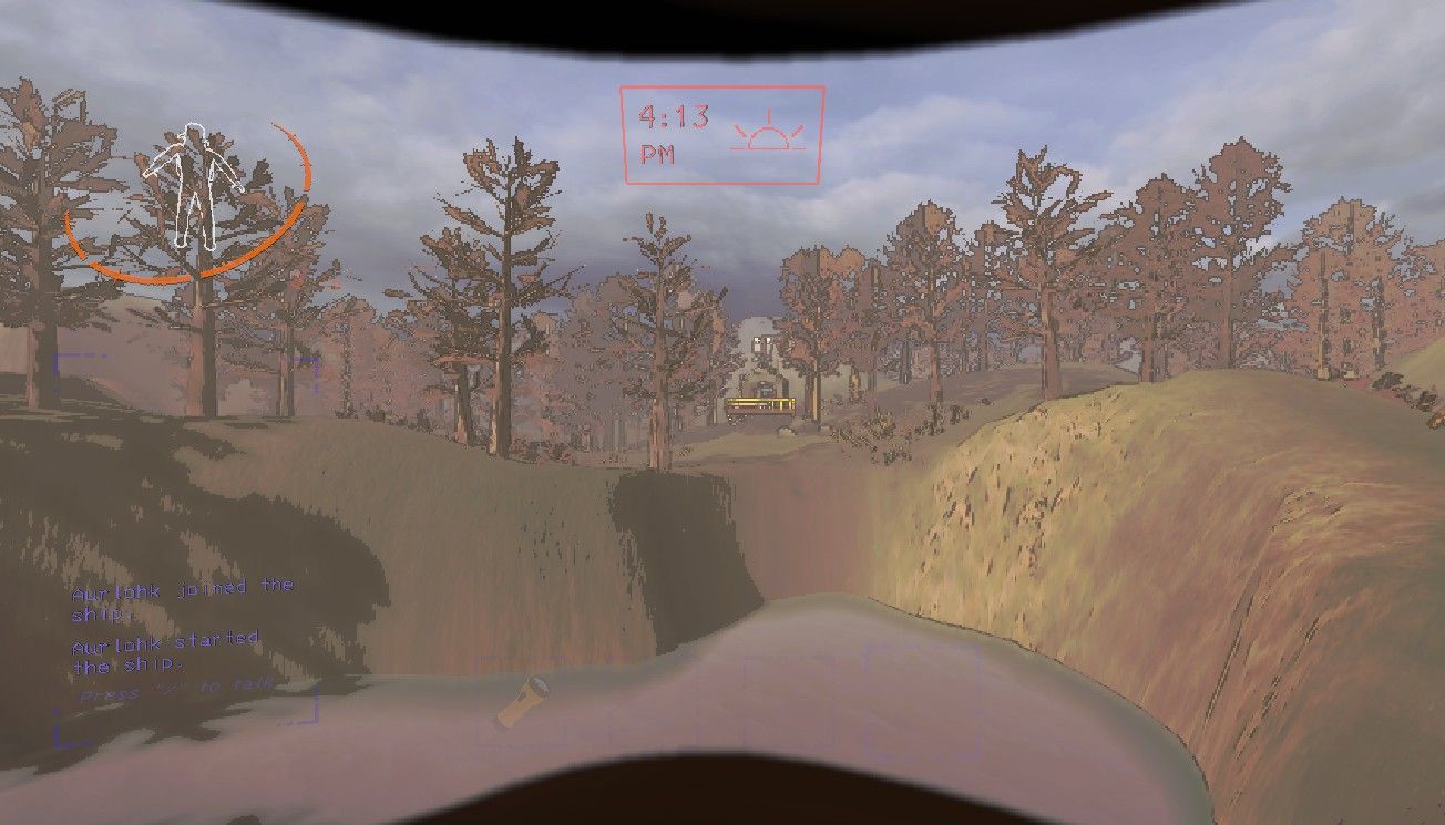 View of player ship sitting on the ground on the other side of a large lake on March during the afternoon in Lethal Company.