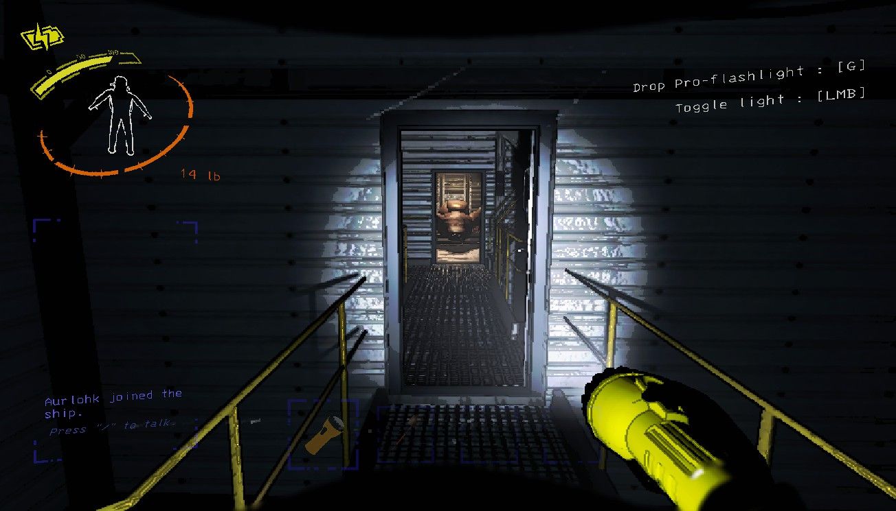 Player character shining a pro-flashlight onto a Thumper going into a server room down a hall on March in Lethal Company.