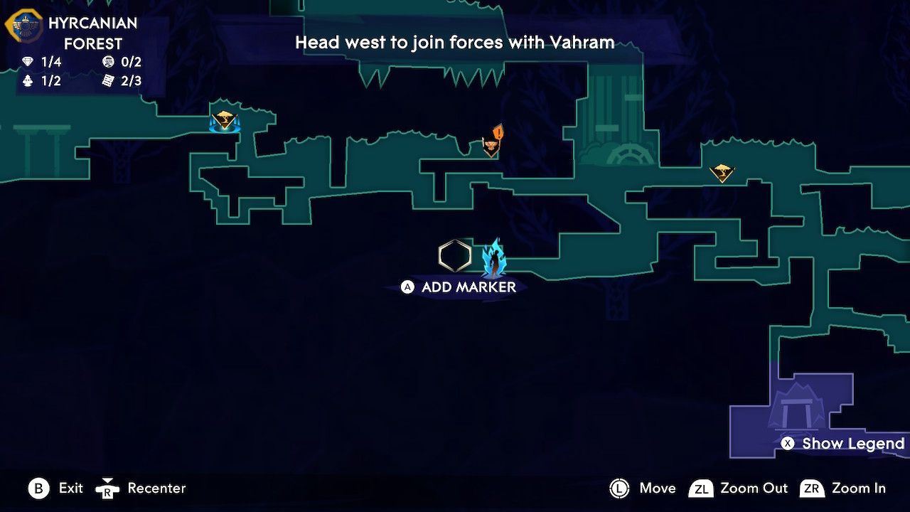 Map of Mount Qaf centered on a long rectangular room in Hyrcanian Forest with a blue flame player symbol on it in Prince Of Persia: The Lost Crown.