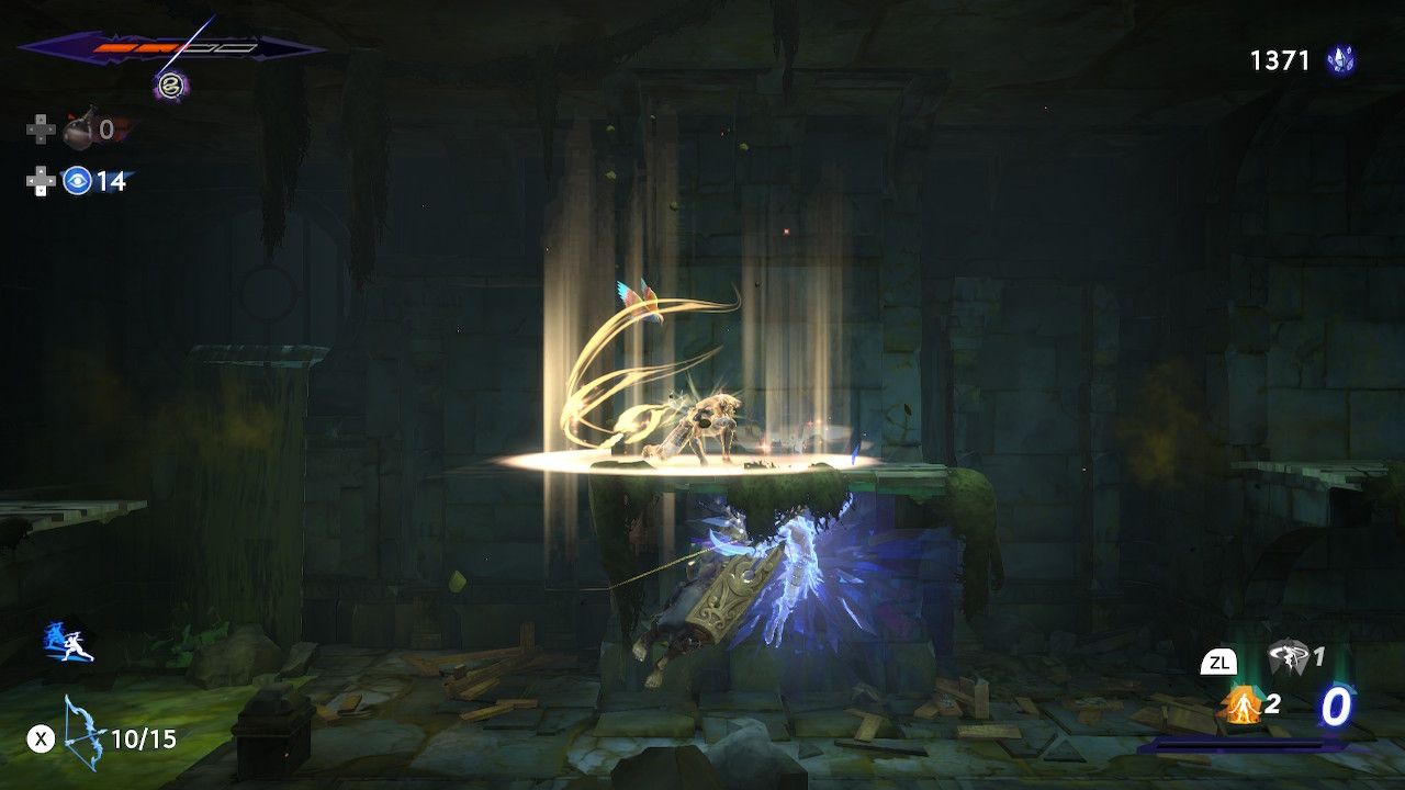 Sargon in the middle of casting an Athra Surge and knocking Bijan back in an area of the depths in Prince Of Persia: The Lost Crown.