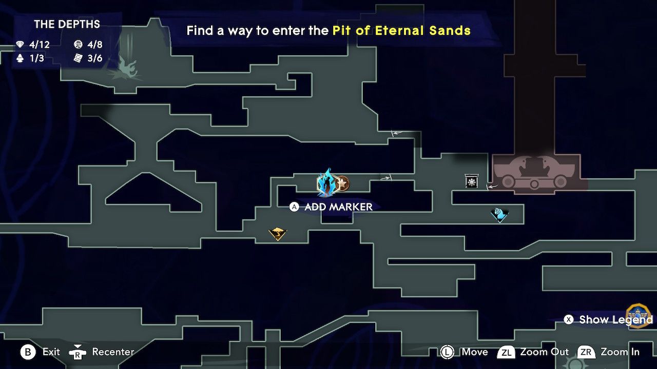 Map of Mount Qaf centering on a short rectangular room in the Depths area with a blue flame player symbol on it in Prince Of Persia: The Lost Crown.