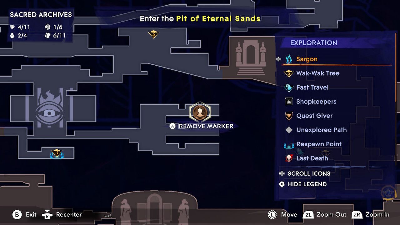 Map of Mount Qaf centering on a small rectangular room in the Sacred Archives area with a person mark on it in Prince Of Persia: The Lost Crown.