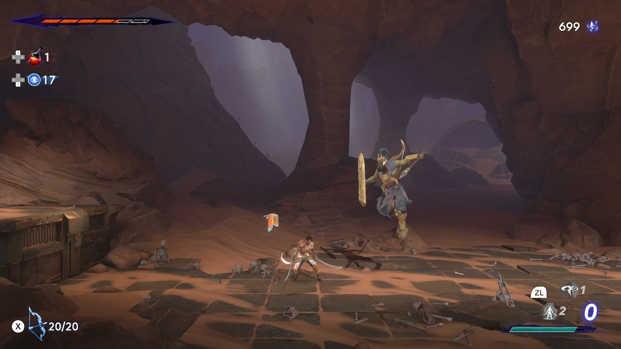 Sargon on the ground and preparing to strike against a large warrior jumping towards him in Prince Of Persia: The Lost Crown.