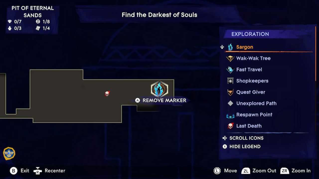 Map of Mount Qaf centered on a large rectangular room in the Pit of Eternal Sands area with a blue flame player mark on it in Prince Of Persia: The Lost Crown.